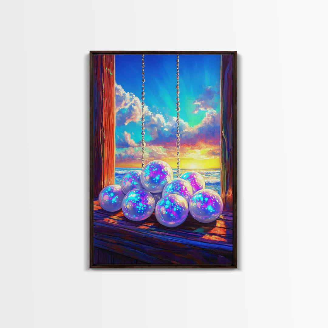 Glowing Pearl Swing At Ocean Sunset Wall Art, Coastal Canvas Print, Whimsical Beach Decor, Dreamy Seascape Art Print For Bedroom Decor