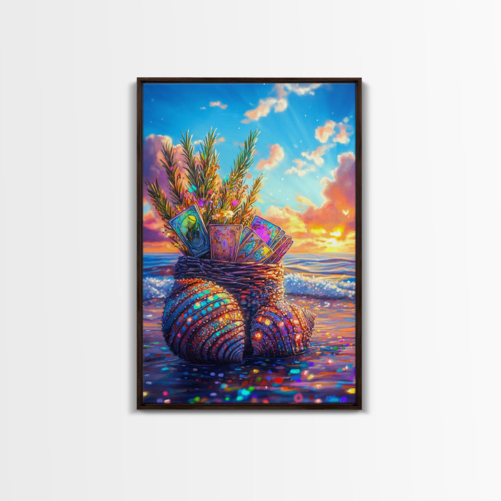 Seashell Basket With Tarot Cards At Sunset Framed Canvas Print, Coastal Wall Art, Beach House Decor, Boho Gift For Her Art