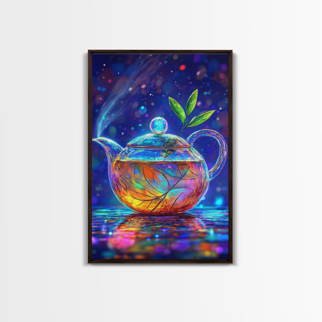 Glowing Glass Teapot With Green Leaves Canvas Print, Whimsical Kitchen Wall Art, Colorful Tea Lover Gift, Home Decor Art