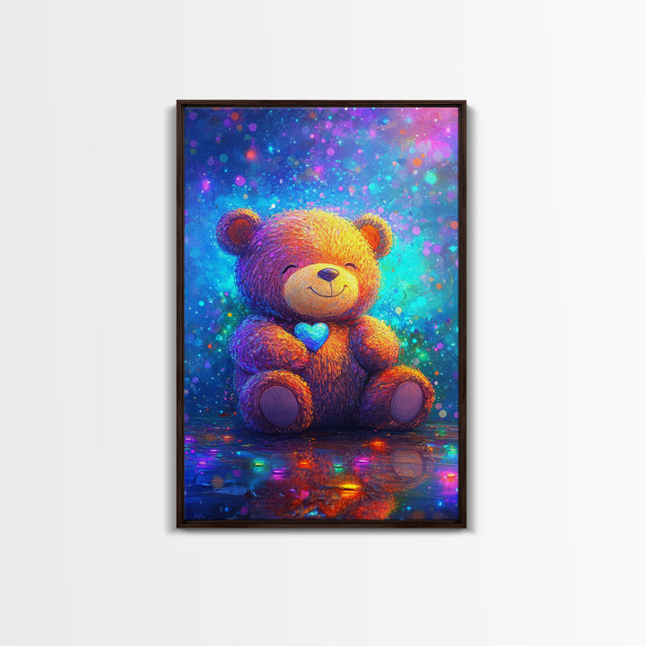 Smiling Teddy Bear With Blue Heart Wall Art, Colorful Nursery Decor, Cute Animal Art, Kids Room Canvas Print, Baby Gift Art