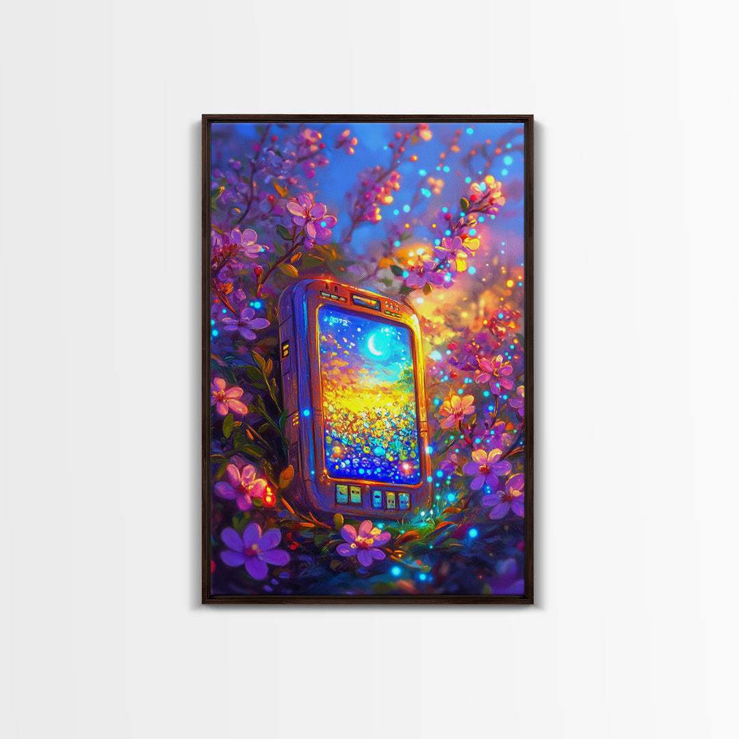 Glowing Phone Among Cherry Blossoms And Moon Wall Art, Celestial Floral Fantasy Canvas Print, Whimsical Nursery Decor Gift