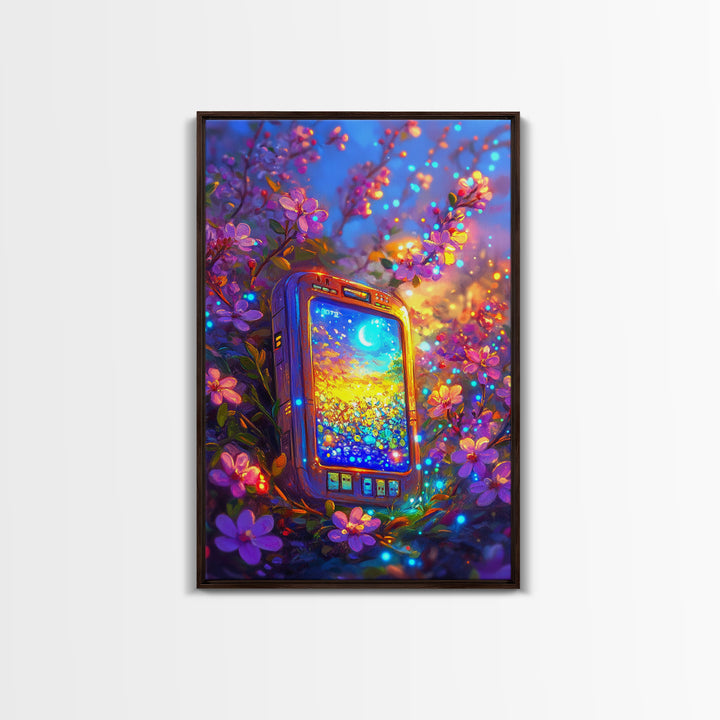 Glowing Phone Among Cherry Blossoms And Moon Wall Art, Celestial Floral Fantasy Canvas Print, Whimsical Nursery Decor Gift