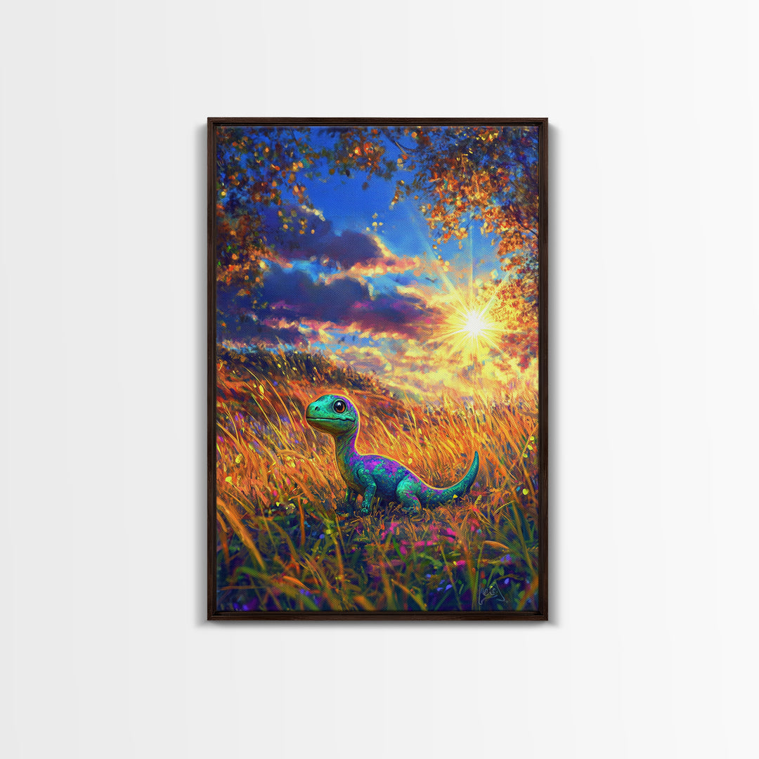 Cute Baby Dinosaur In Golden Meadow Wall Art, Colorful Safari Nursery Canvas Print, Whimsical Kids Room Decor, Unique Gift