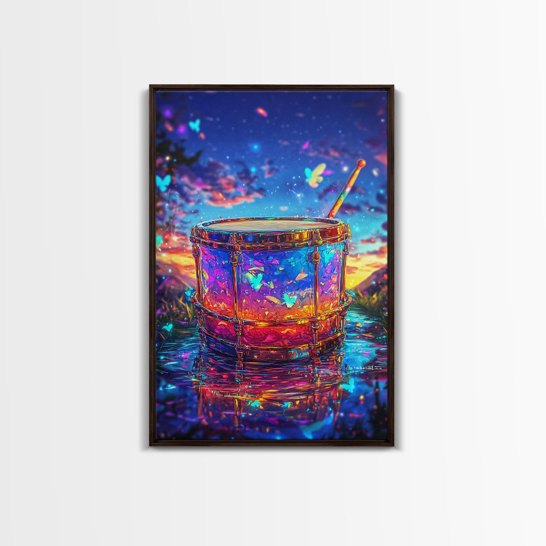 Glowing Drum With Butterflies At Sunset Wall Art, Colorful Music Studio Room Decor, Whimsical Canvas Print, Music Lover Gift