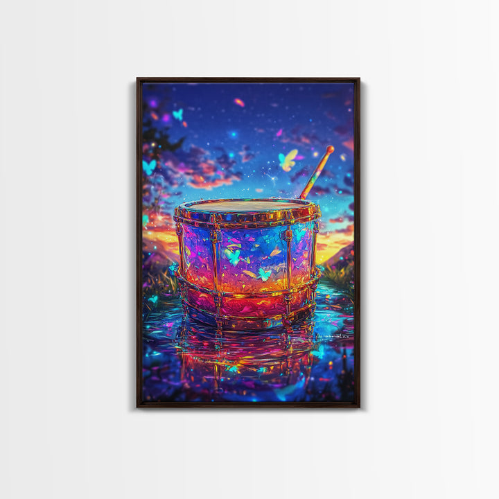 Glowing Drum With Butterflies At Sunset Wall Art, Colorful Music Studio Room Decor, Whimsical Canvas Print, Music Lover Gift