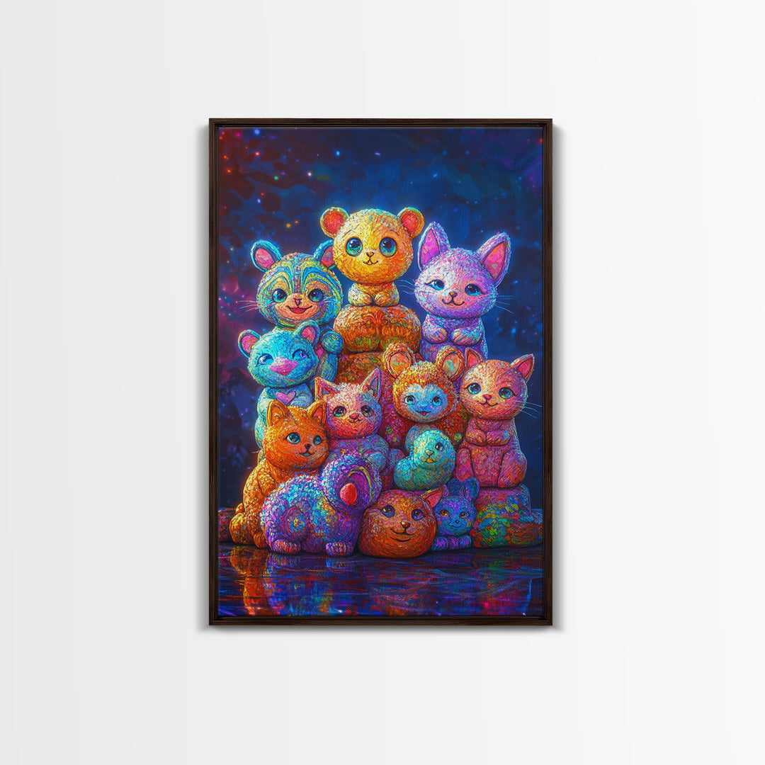 Colorful Plush Animal Friends And Kittens Wall Art, Whimsical Animal Art, Nursery Wall Art, Playroom Decor, Cute Kids Print