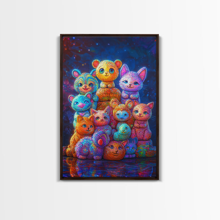 Colorful Plush Animal Friends And Kittens Wall Art, Whimsical Animal Art, Nursery Wall Art, Playroom Decor, Cute Kids Print