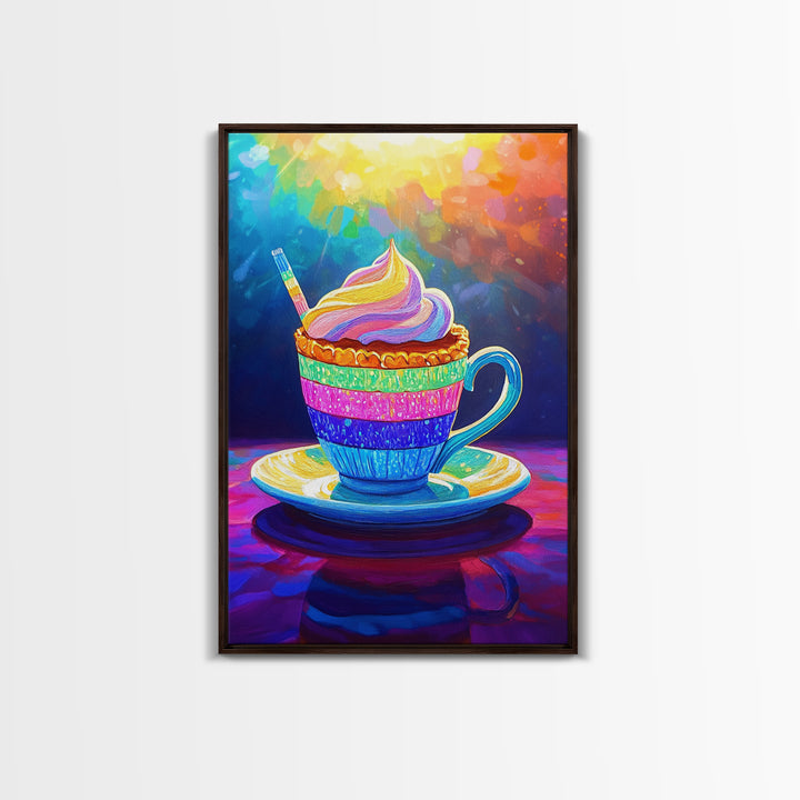 Rainbow Cupcake In Teacup Kitchen Wall Art, Whimsical Dessert Art Print, Colorful Bakery Decor, Cute Cafe Canvas Print Gift