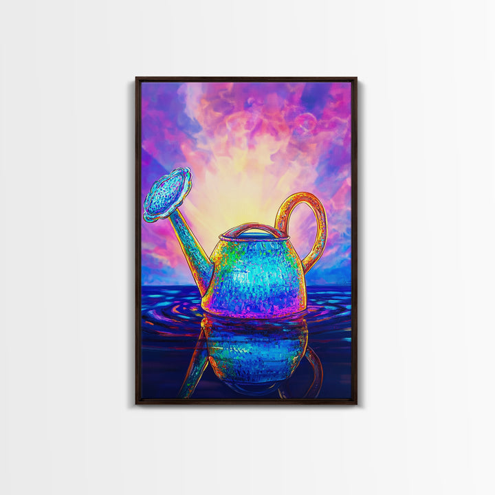 Radiant Watering Can At Sunrise Wall Art, Colorful Garden Decor, Whimsical Botanical Art Print, Vibrant Canvas Print Gift