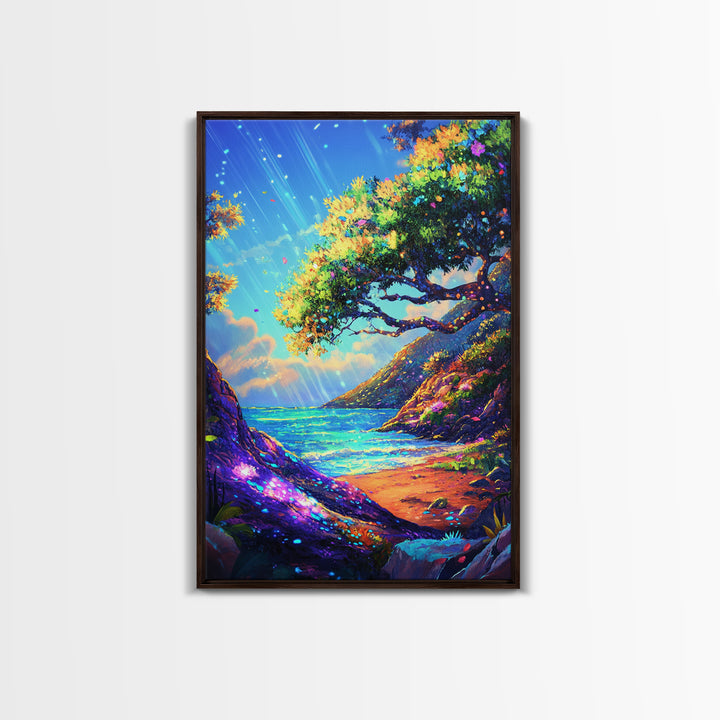 Sunlit Coastal Cove And Tree Wall Art, Vibrant Ocean Landscape Art Print, Tropical Beach House Decor, Large Canvas Print