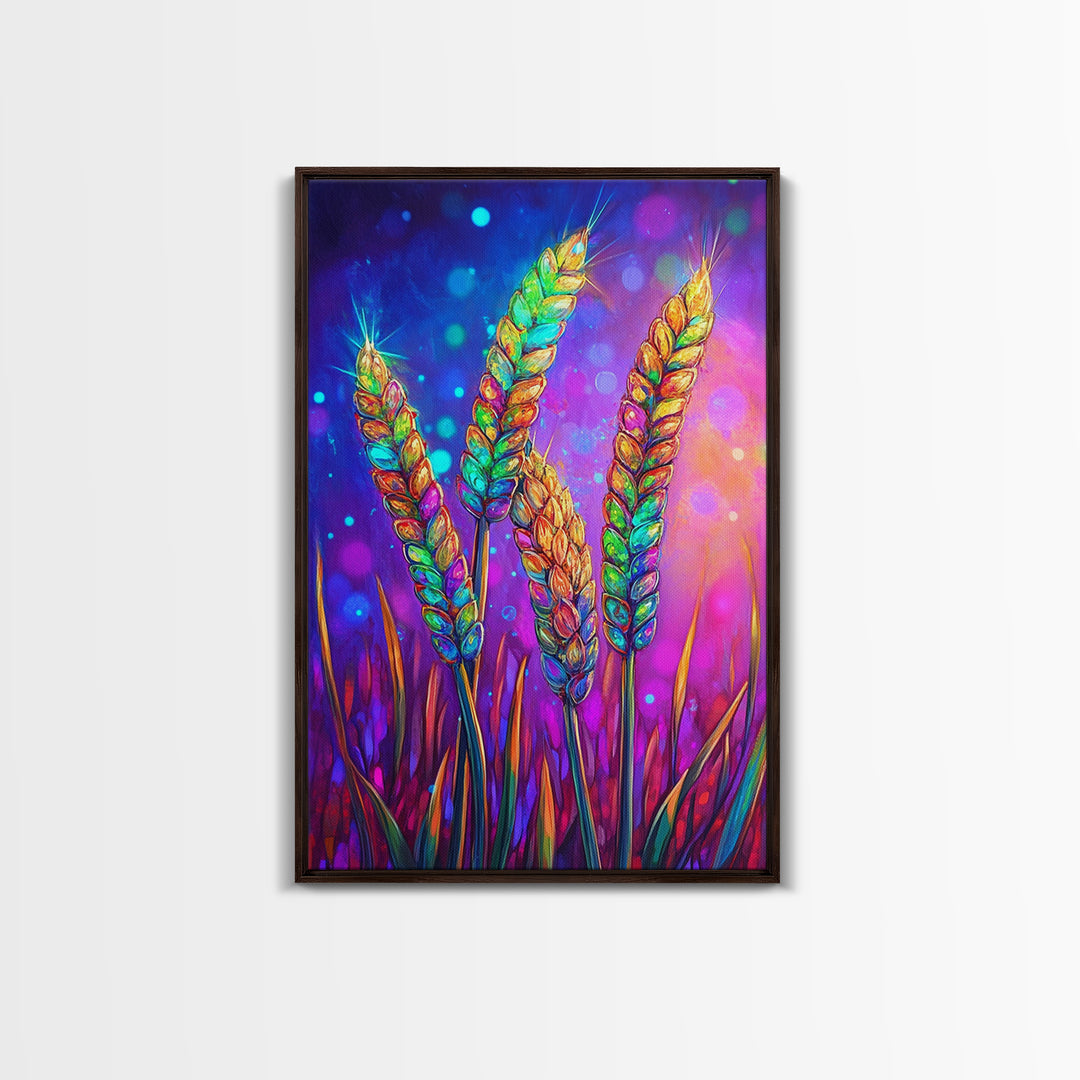 Colorful Wheat Stalks In Light Wall Art, Rustic Farmhouse Decor, Botanical Nature Art Print, Vibrant Kitchen Canvas Print