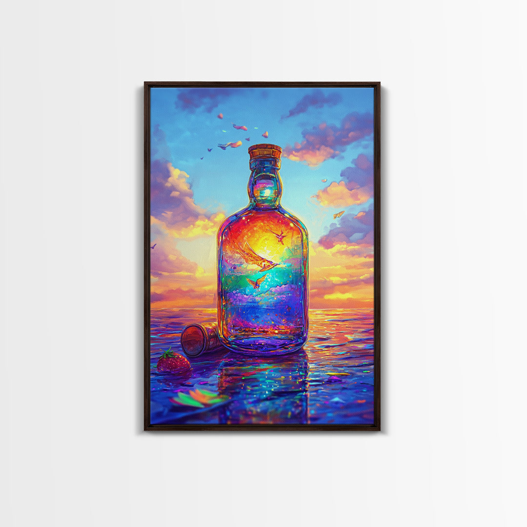 Sunset Ocean In Glass Bottle Wall Art, Surreal Seascape Art Print, Coastal Beach House Decor, Whimsical Canvas Print Gift