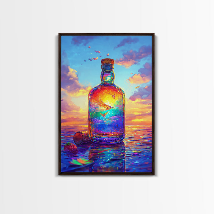 Sunset Ocean In Glass Bottle Wall Art, Surreal Seascape Art Print, Coastal Beach House Decor, Whimsical Canvas Print Gift