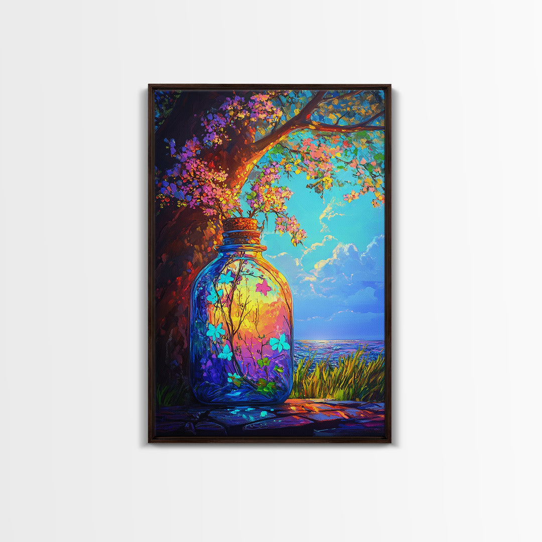 Glowing Jar Under Flowering Tree Wall Art, Whimsical Botanical Landscape, Coastal Nature Decor, Vibrant Canvas Print Gift