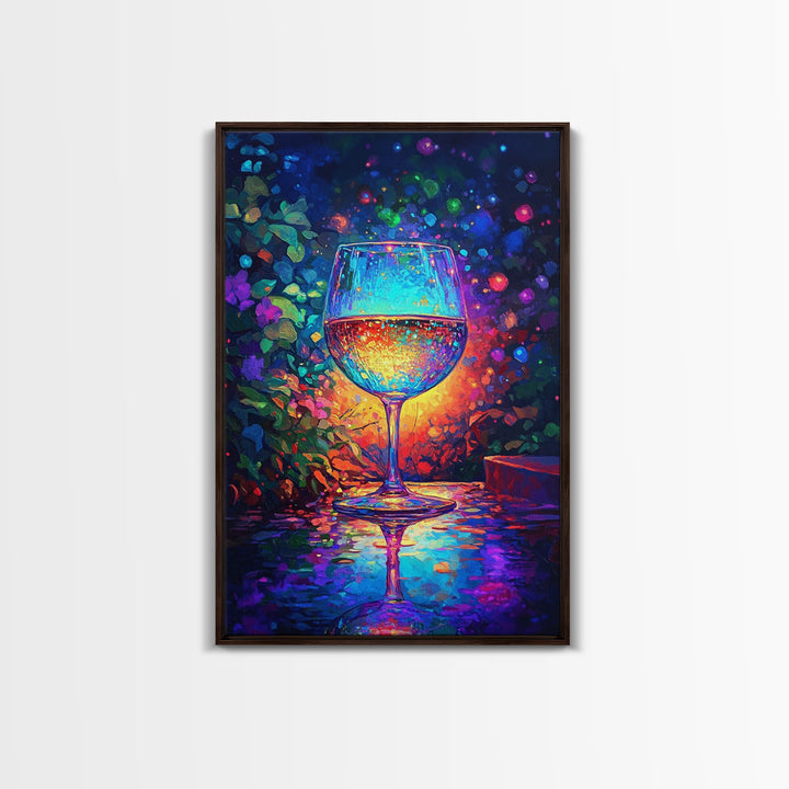 Glowing Wine Glass On Dark Table Canvas Print, Colorful Bar Wall Art, Kitchen Decor, Wine Lover Gift, Dining Room Art Print