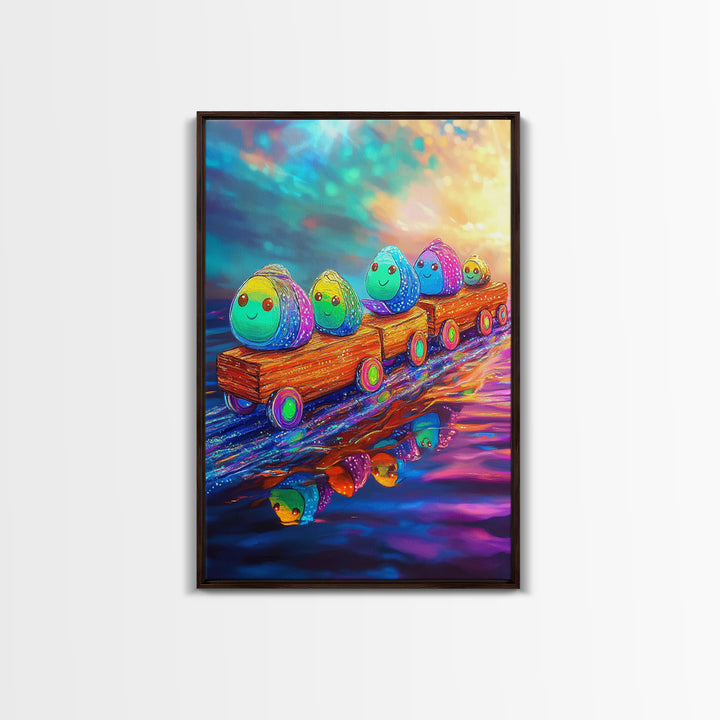 Smiling Rainbow Egg Train Canvas Print, Whimsical Kids Room Wall Art, Colorful Nursery Decor, Cute Playroom Art, Baby Shower Gift