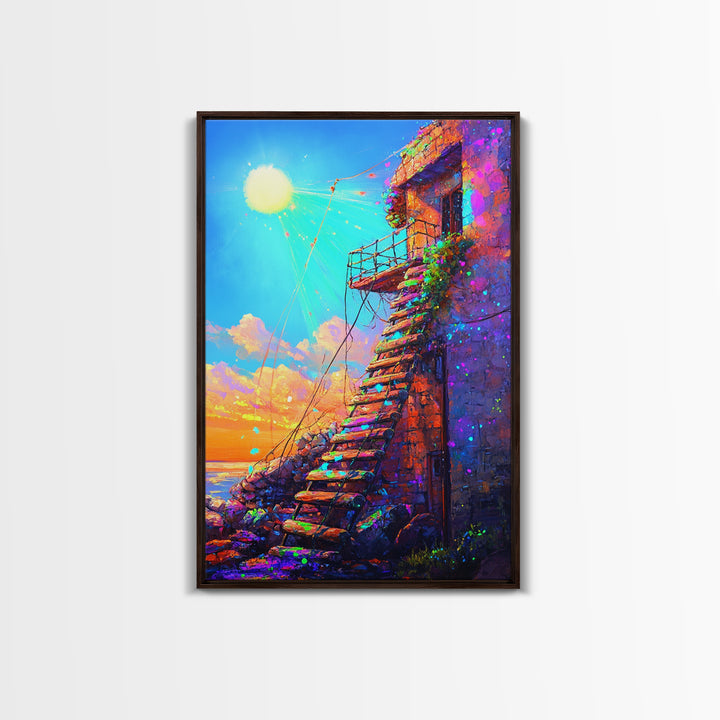 Sunlit Stone Stairway By The Sea Canvas Print, Coastal Wall Art, Mediterranean Landscape, Sunset Travel Home Decor Gift For Her