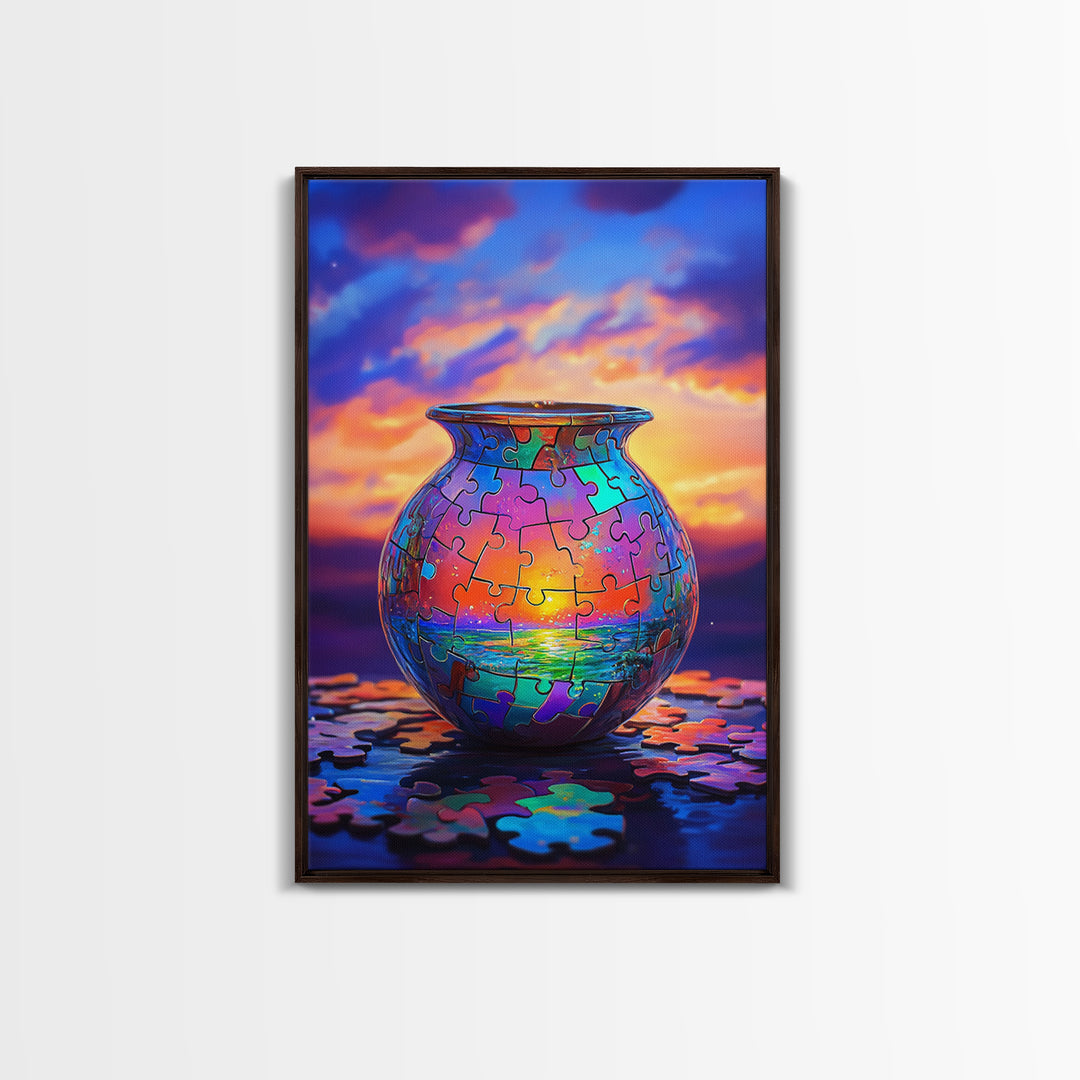 Puzzle Piece Vase With Ocean Sunset Canvas Print, Colorful Wall Art, Whimsical Seascape, Living Room Coastal Home Decor Gift