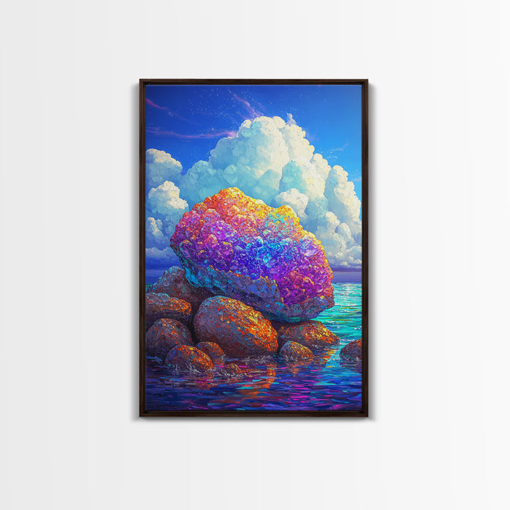 Rainbow Crystal Rocks Beside Blue Sea Canvas Print, Coastal Wall Art, Colorful Nature Art, Ocean Landscape Home Decor Gift