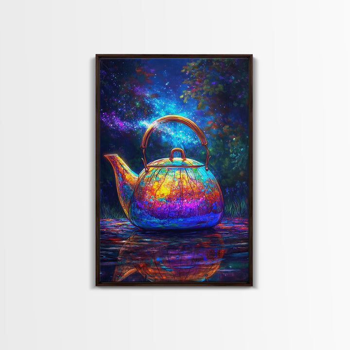 Cosmic Rainbow Teapot Under Stars Canvas Print, Whimsical Kitchen Wall Art, Unique Tea Lover Gift, Colorful Home Decor Print