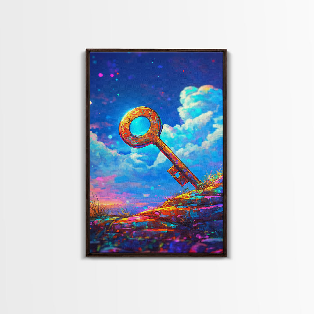 Golden Key On Dreamy Hilltop Canvas Print, Whimsical Wall Art, Fantasy Decor, Celestial Art, Unique Gift, Kids Room Decor