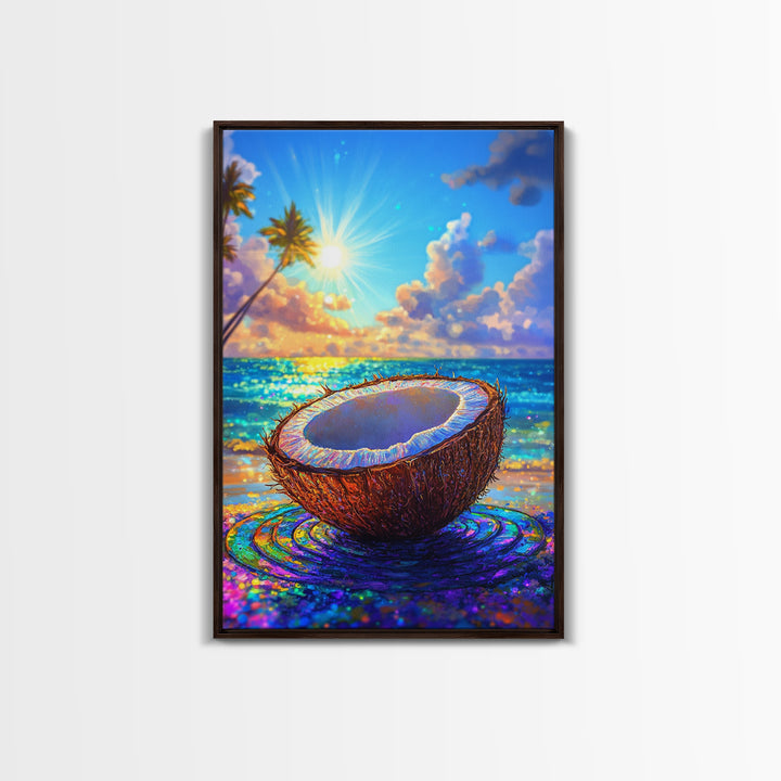 Sunlit Coconut On Tropical Beach Canvas Print, Coastal Wall Art, Beach House Decor, Summer Kitchen Art, Ocean Lover Gift