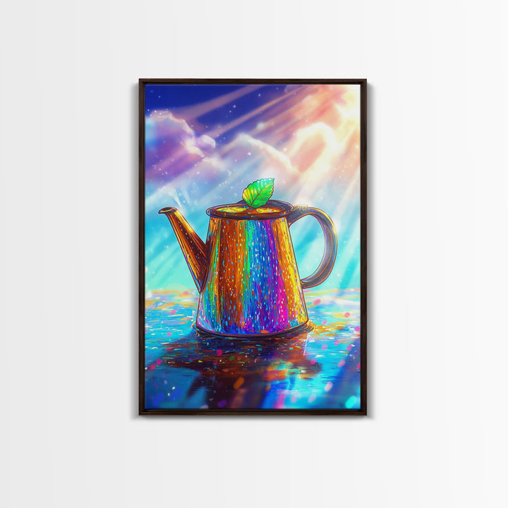 Radiant Rainbow Teapot With Leaf Canvas Print, Colorful Kitchen Wall Art, Tea Lover Gift, Whimsical Home Decor Poster Print