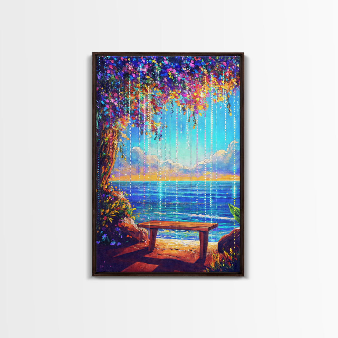 Flower Canopy Ocean Bench Framed Canvas Print, Coastal Wall Art, Tropical Beach House Decor, Romantic Seaside Artwork For Living Room