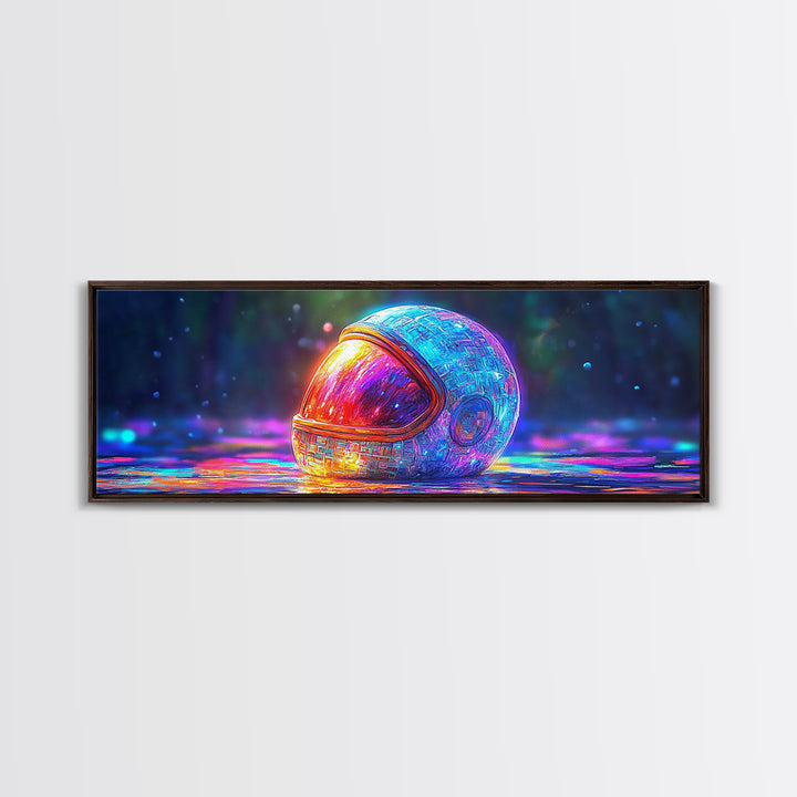 Neon Astronaut Helmet On Cosmic Rain Canvas Print, Futuristic Space Wall Art, Sci Fi Decor, Gamer Room Decor, Gift For Him