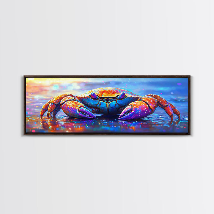 Vibrant Rainbow Crab On Wet Beach Wall Art, Coastal Ocean Animal Art, Colorful Beach House Decor, Nautical Canvas Print Art