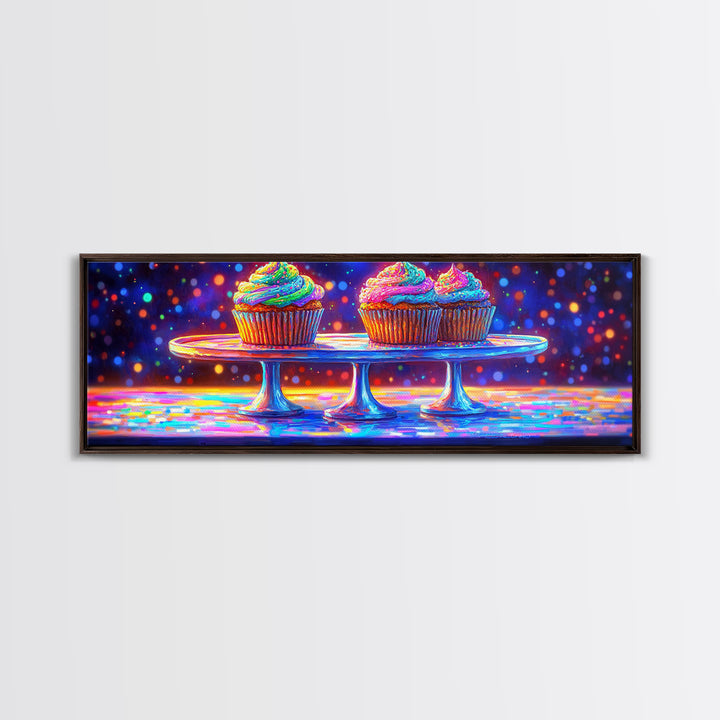 Rainbow Frosted Cupcakes On Glass Cake Stands Wall Art, Bakery Kitchen Decor, Dessert Art Print, Colorful Canvas Print Gift