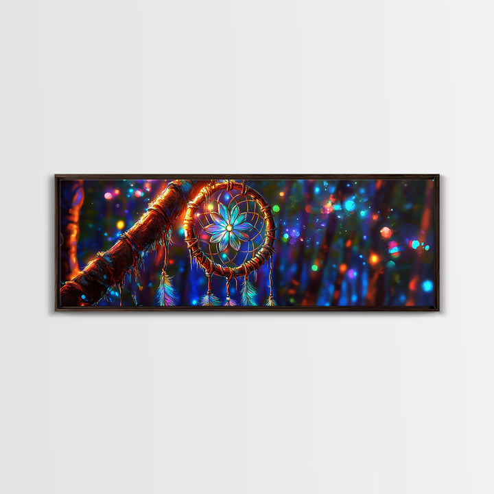Glowing Dreamcatcher In Enchanted Forest Framed Canvas Print, Boho Wall Art, Spiritual Decor, Mystical Wall Decor Gift For Her