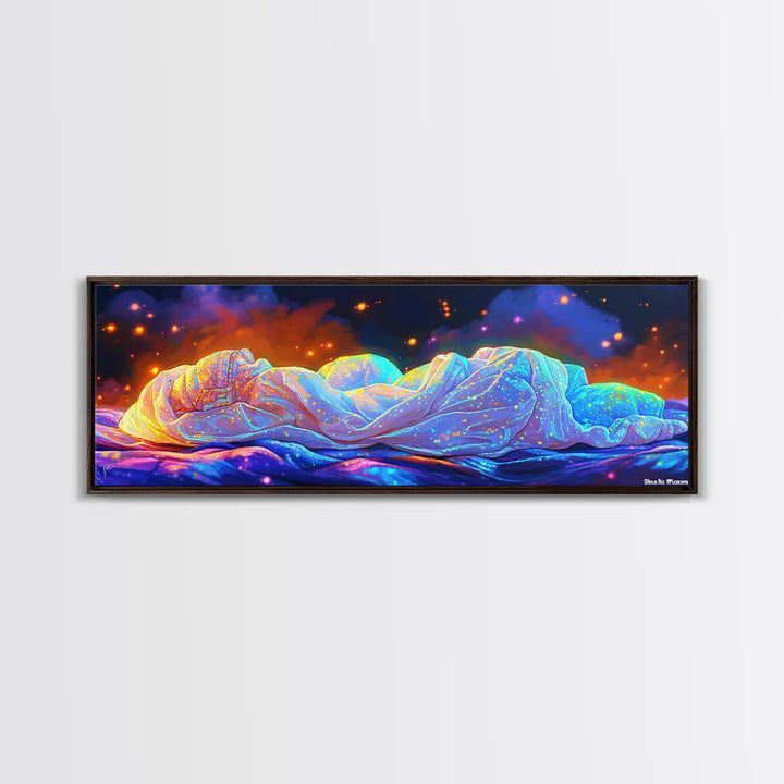 Glowing Sleeping Figure Under Starry Blanket Canvas Print, Sweet Dreams Wall Art, Cozy Bedroom Decor, Ethereal Dreamy Wall Decor