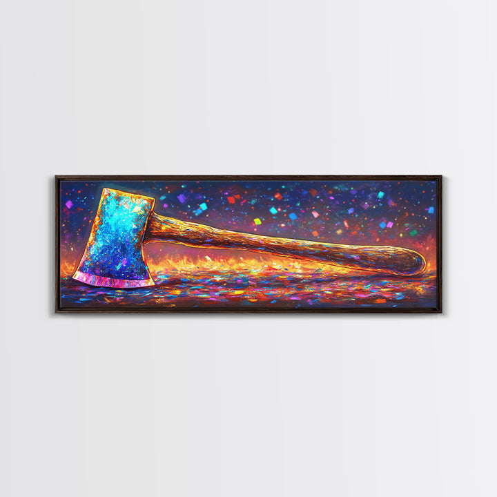 Vibrant Rainbow Axe On Glittering Ground Canvas Print, Rustic Wall Art, Garage Decor, Man Cave Decor, Unique Gift For Him