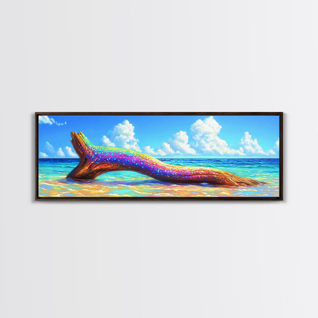 Rainbow Driftwood On Turquoise Beach Canvas Print, Coastal Wall Art, Beach House Decor, Ocean Wall Decor, Tropical Home Decor