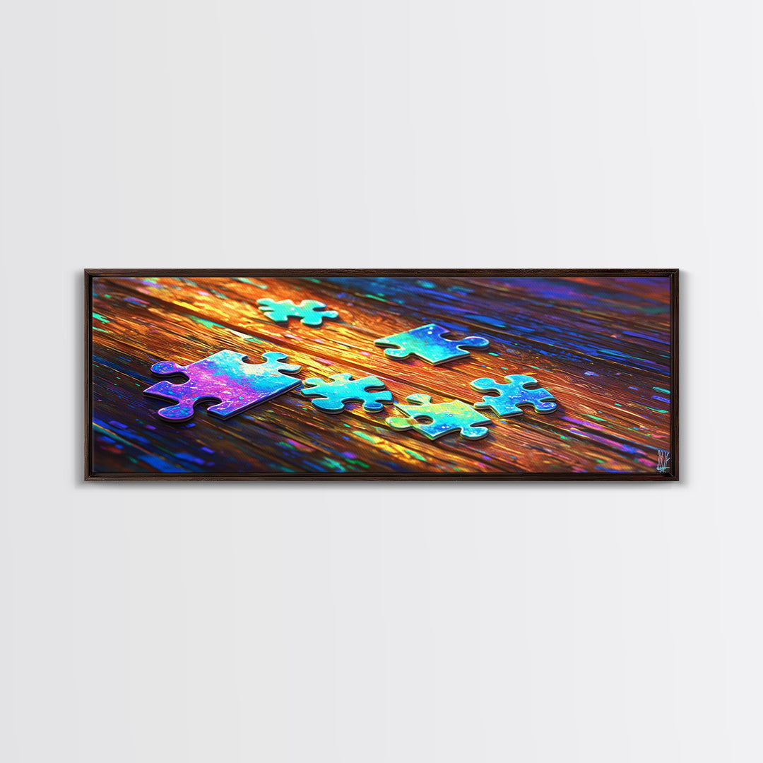 Rainbow Puzzle Pieces On Wood Table Canvas Print, Game Room Wall Art, Colorful Abstract Art, Playroom Decor, Unique Gift