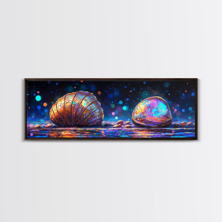 Glowing Seashell And Polished Stone Framed Canvas Print, Coastal Wall Art, Ocean Decor, Beach House Decor, Nautical Gift