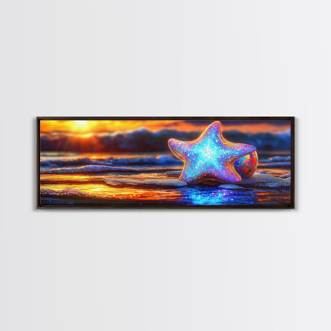 Glowing Starfish On Sunset Beach Wall Art, Coastal Canvas Print, Ocean Wall Decor, Beach House Gift, Colorful Seascape Art