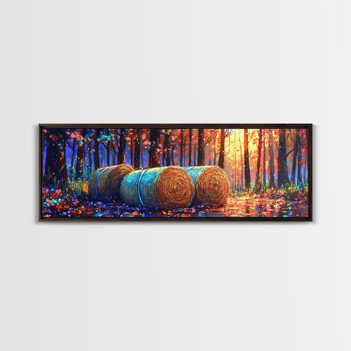 Golden Hay Bales In Autumn Forest Wall Art, Rustic Farmhouse Decor, Landscape Art Print, Country Home Decor, Cabin Wall Art