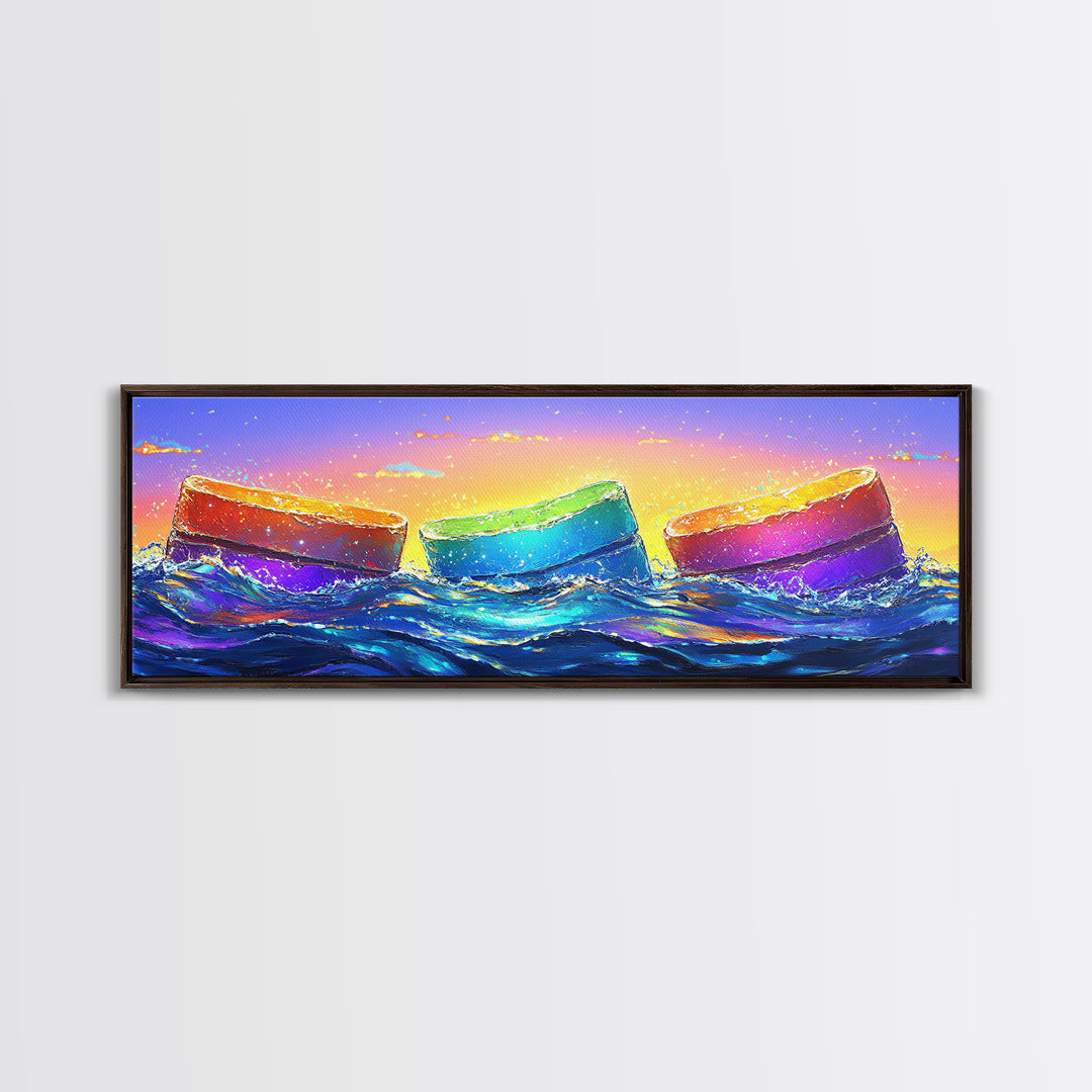 Rainbow Buoys In Ocean Waves Canvas Print, Coastal Wall Art, Colorful Beach House Decor, Modern Summer Living Room Wall Art