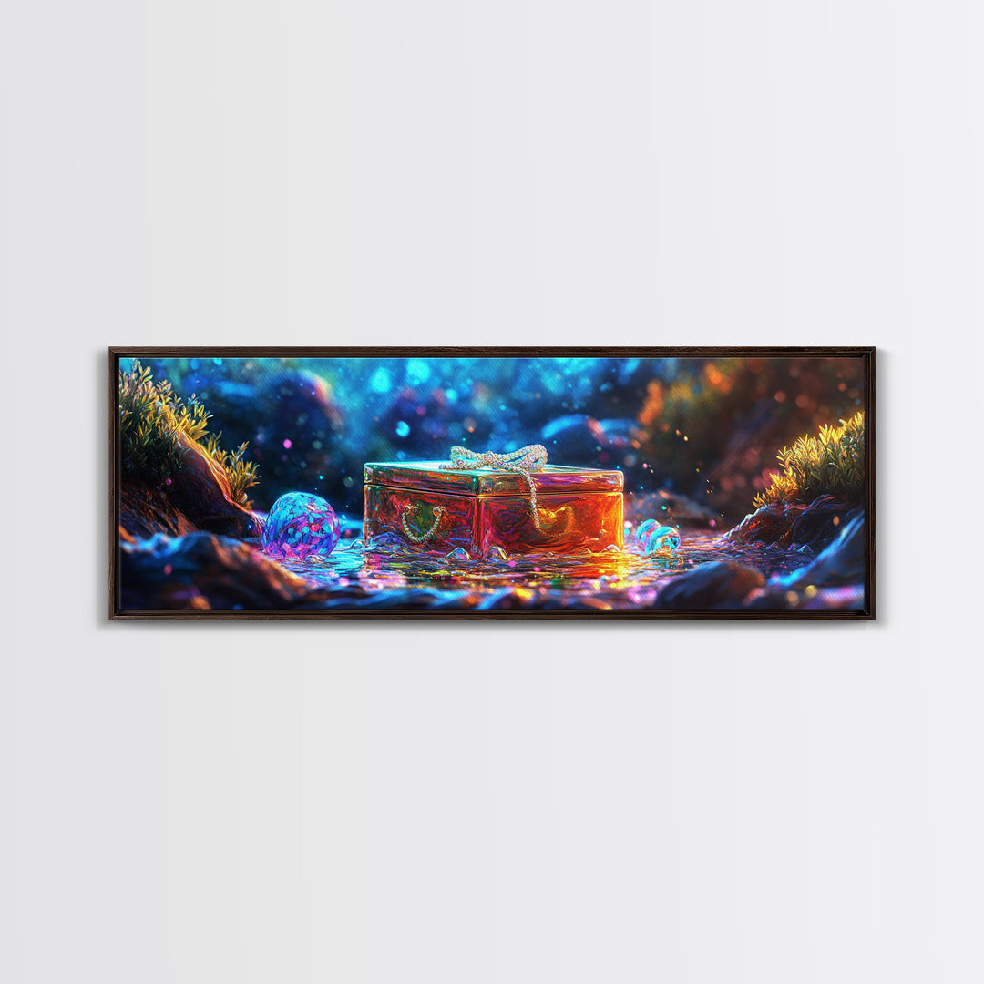 Glass Treasure Box In Magical Stream Framed Canvas Print, Fantasy Wall Art, Nature Inspired Art, Whimsical Home Decor, Gift