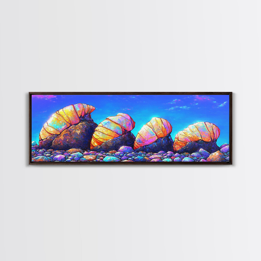Iridescent Hermit Crabs On Pebble Shore Canvas Print, Coastal Wall Art, Beach House Decor, Ocean Art, Nautical Decor, Gift
