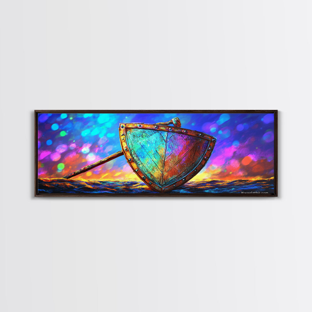 Iridescent Viking Shield And Spear Canvas Print, Fantasy Wall Art, Norse Decor, Medieval Warrior Gift For Him, Game Room Decor