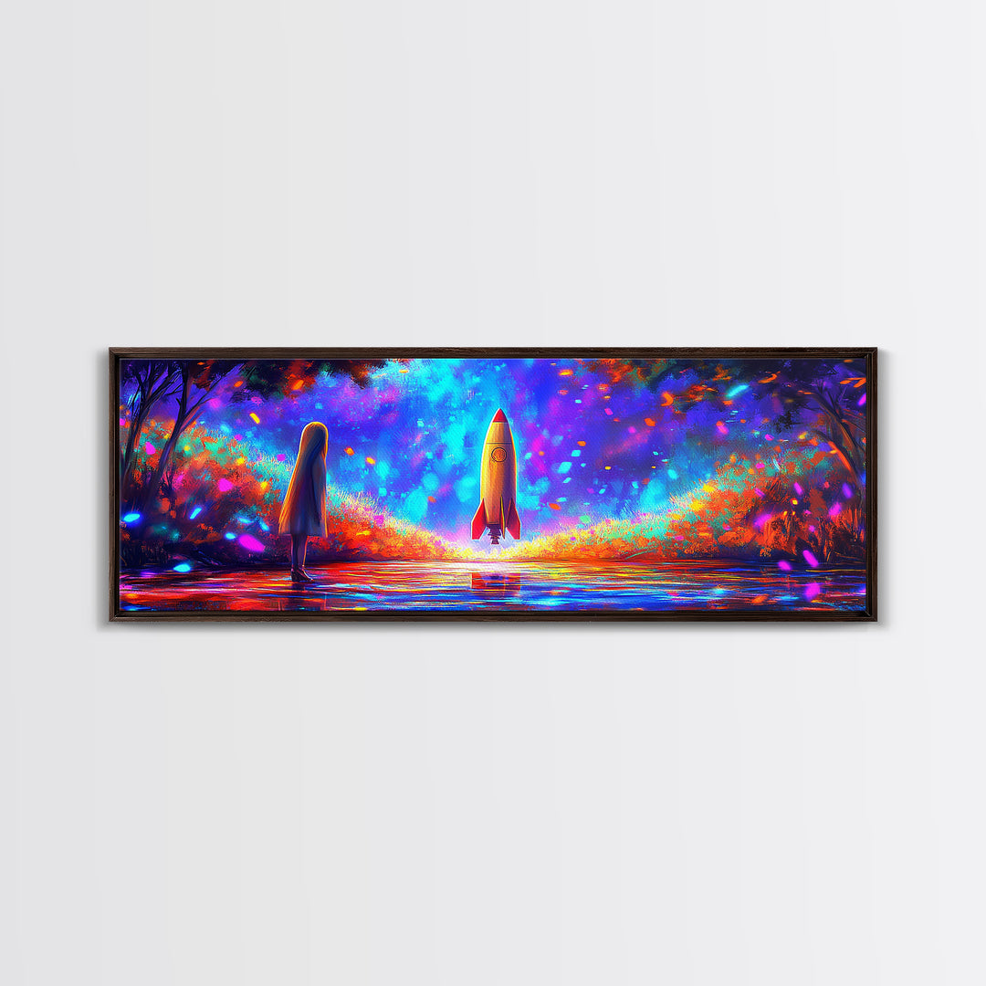 Rocket Launch Through Neon Forest Canvas Print, Futuristic Space Wall Art, Sci Fi Room Decor, Adventure Poster Gift For Him