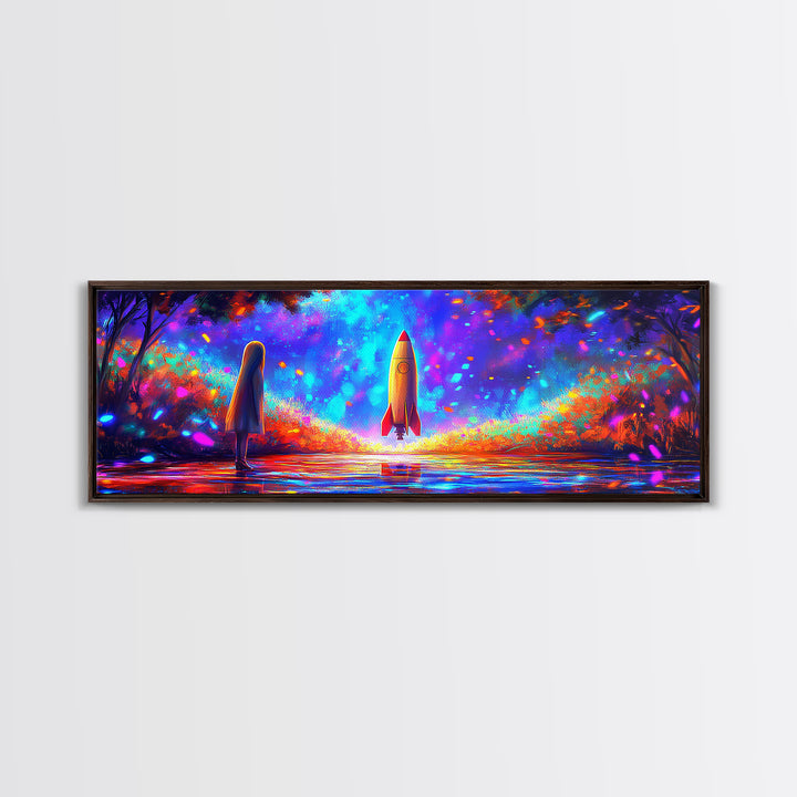 Rocket Launch Through Neon Forest Canvas Print, Futuristic Space Wall Art, Sci Fi Room Decor, Adventure Poster Gift For Him