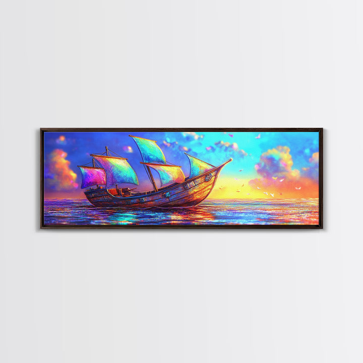 Colorful Fantasy Sailboat At Sunset Canvas Print, Nautical Coastal Wall Art, Ocean Landscape Decor, Beach House Gift Idea