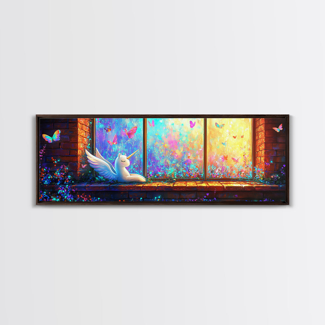 Sleeping Winged Unicorn On Window Sill Framed Canvas Print, Fantasy Wall Art, Butterfly Nursery Decor, Whimsical Gift For Her
