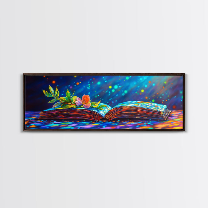Magical Open Book With Flower Wall Art, Literary Canvas Print, Book Lover Decor, Cozy Library Reading Nook Decor Gift For Her