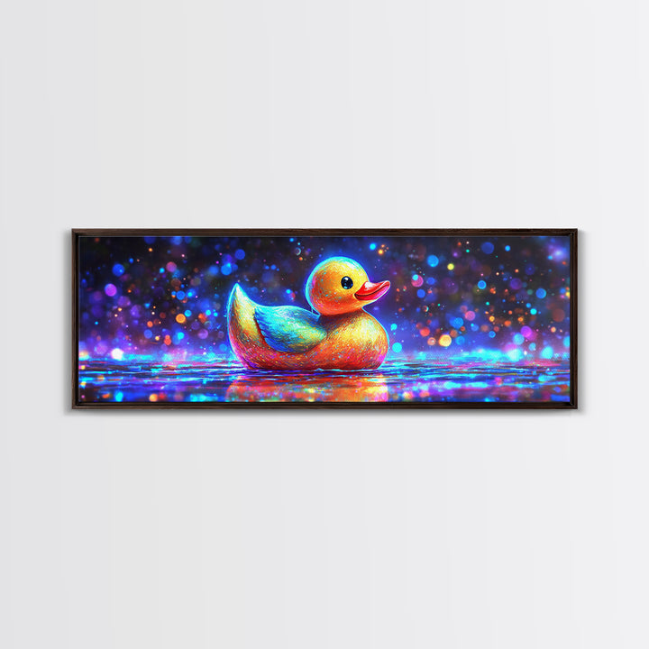 Rainbow Rubber Duck On Sparkling Water Wall Art, Whimsical Bathroom Decor, Kids Room Art, Cute Animal Canvas Print, Gift For Kids