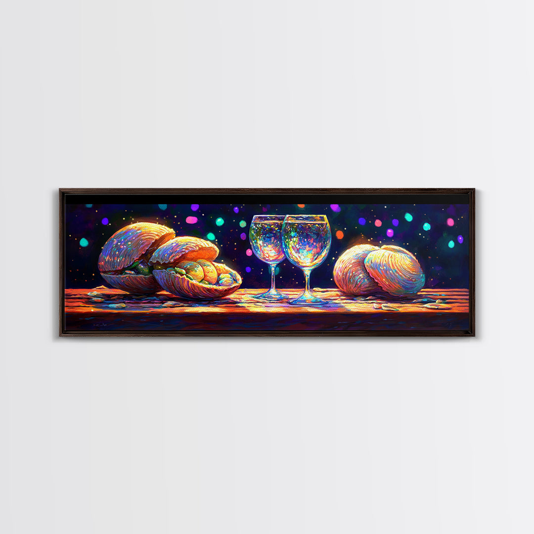 Iridescent Seashells And Wine Glasses Canvas Print, Coastal Kitchen Wall Art, Beach House Decor, Dining Room Print, Gift For Her